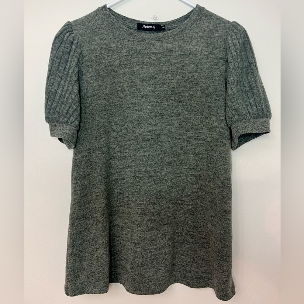 Automet Sage Green Puff Sleeve Knit Top Blouse